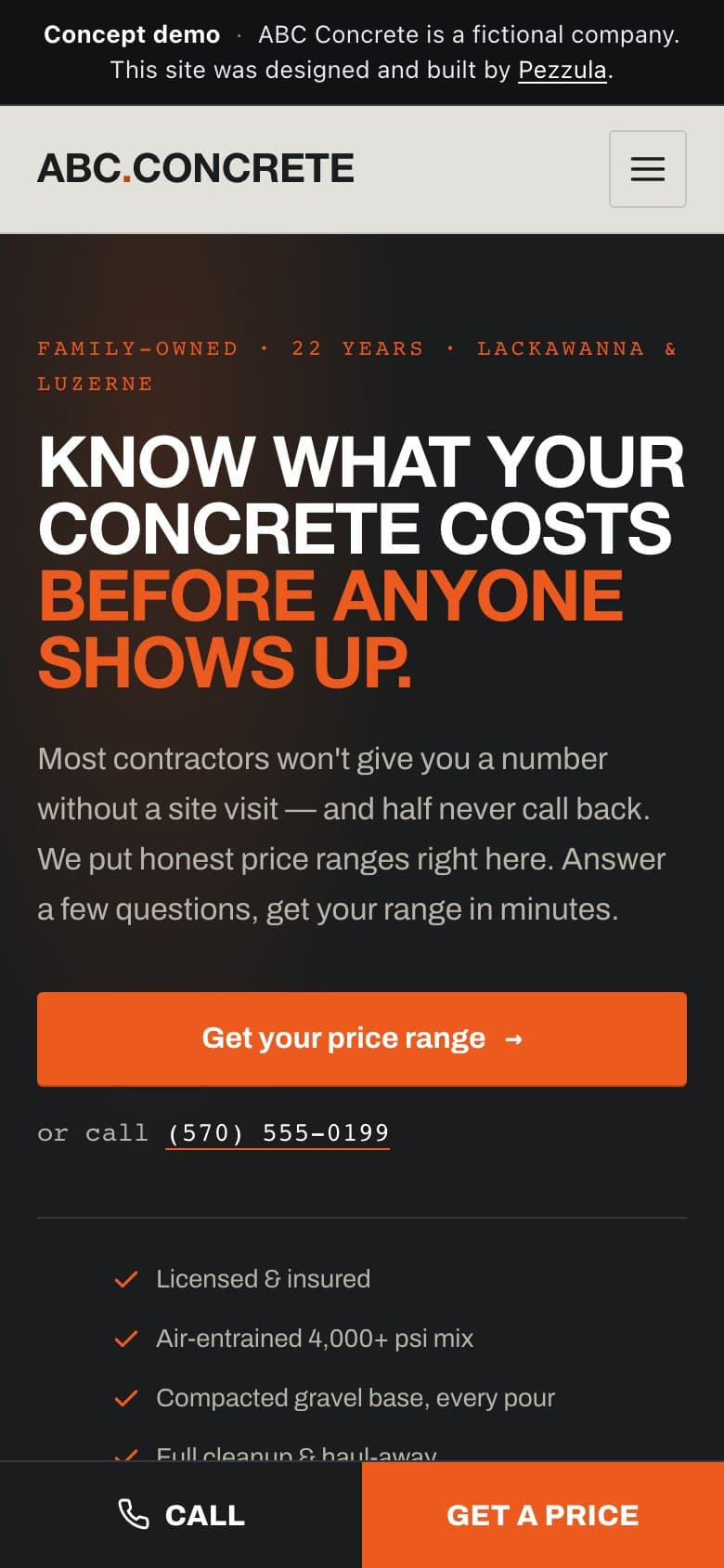 ABC Concrete — a concrete contractor website design concept by Pezzula — mobile view