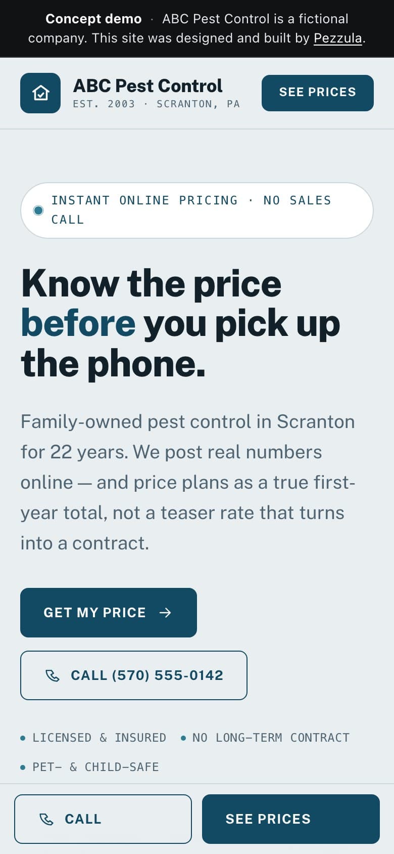 ABC Pest Control — a pest control company website design concept by Pezzula — mobile view