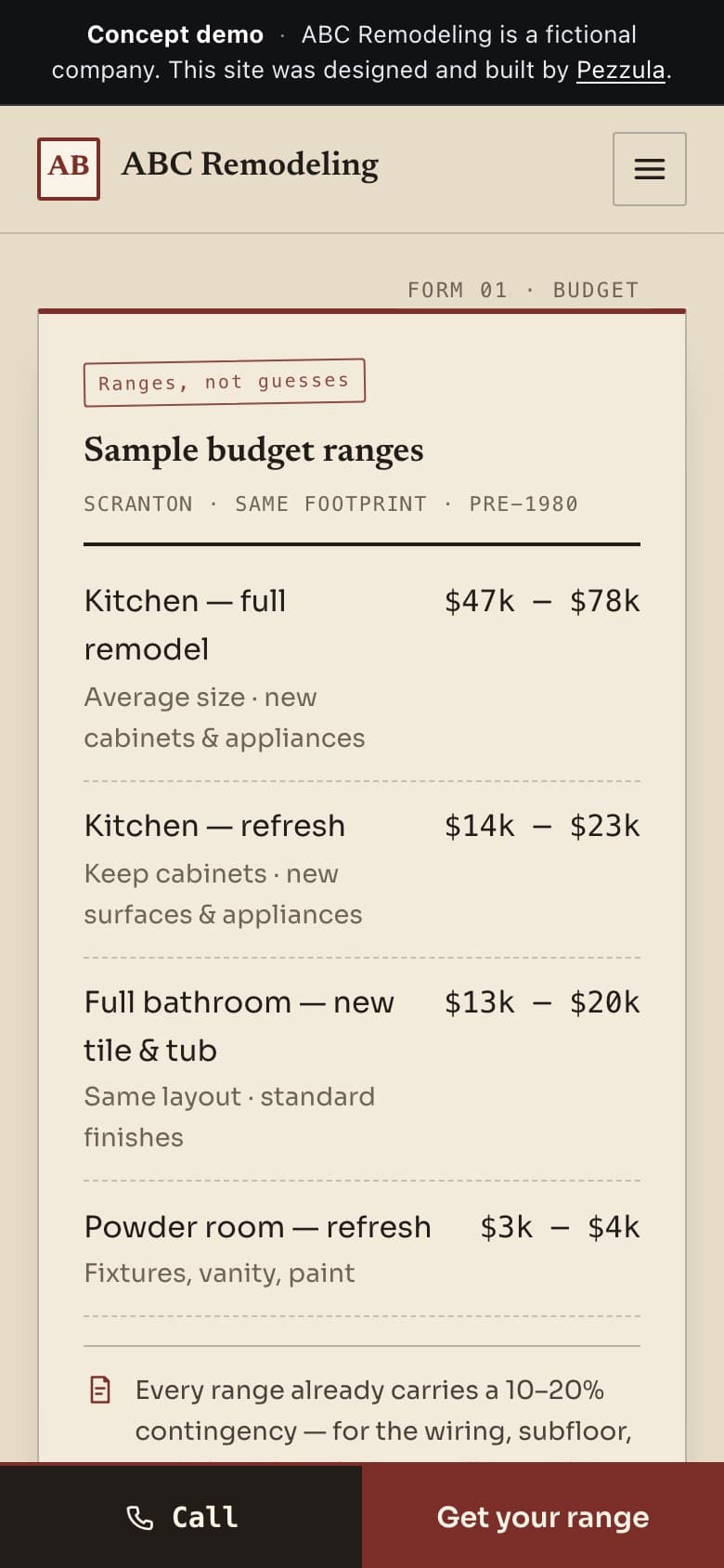 ABC Remodeling — a remodeling contractor website design concept by Pezzula — mobile view