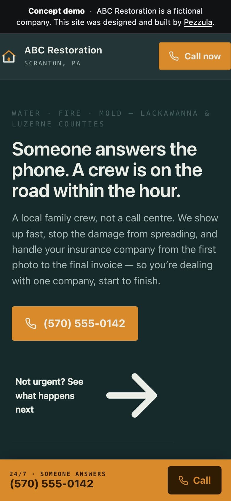 ABC Restoration — a water, fire, and mold restoration company website design concept by Pezzula — mobile view