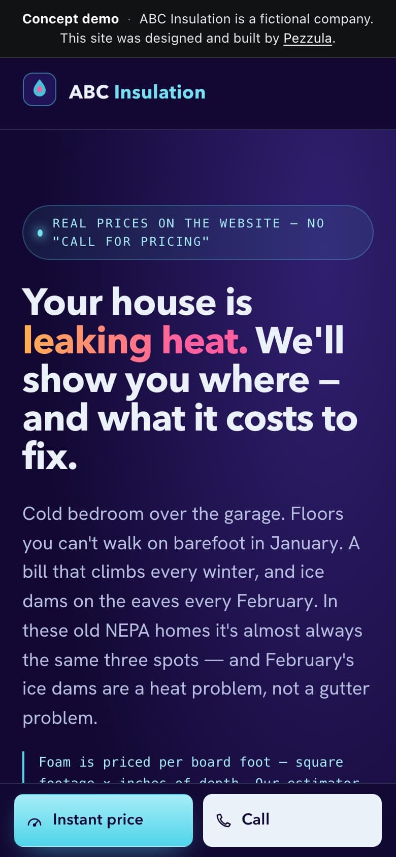 ABC Insulation — a spray foam insulation website design concept by Pezzula — mobile view