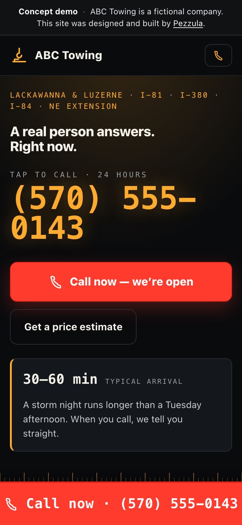 ABC Towing — a towing company website design concept by Pezzula — mobile view