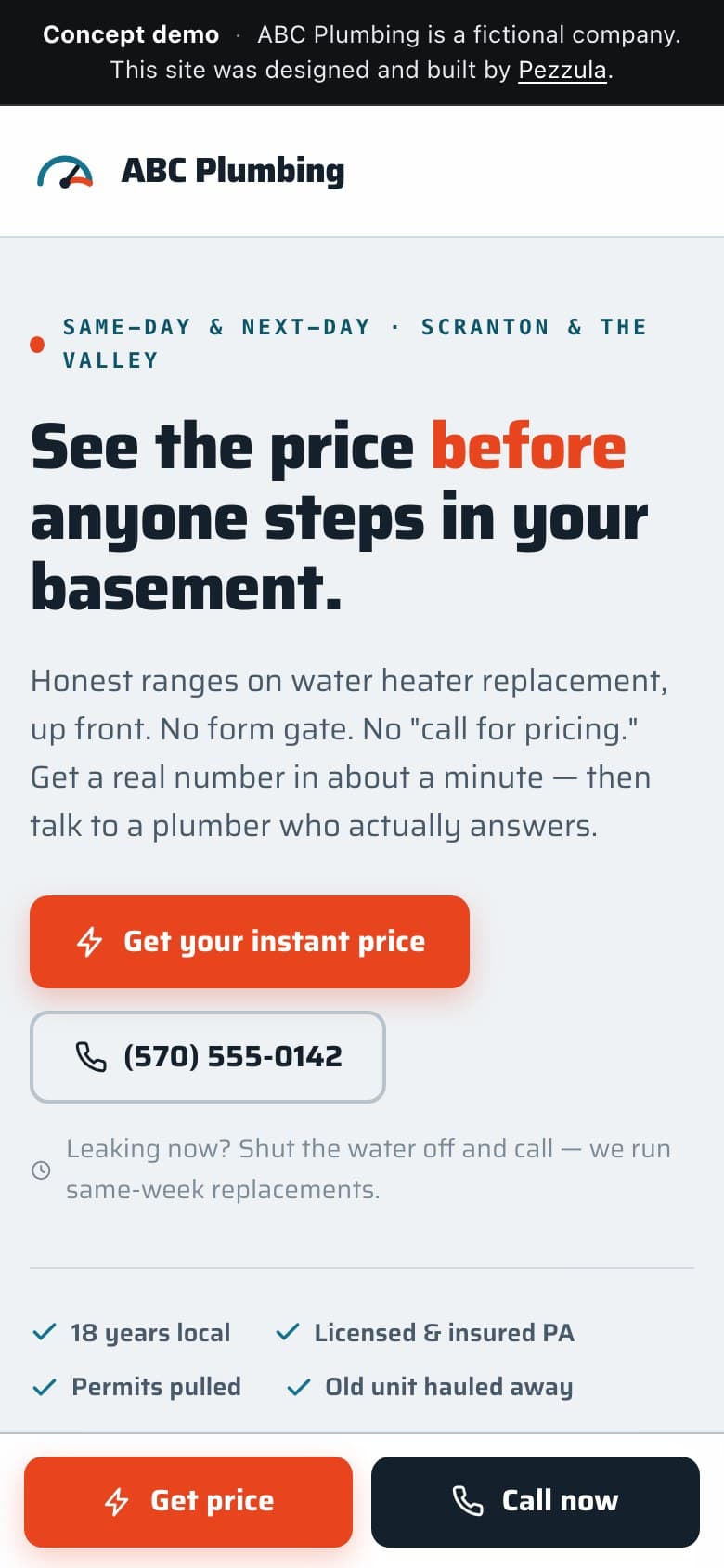 ABC Plumbing — a plumbing contractor website design concept by Pezzula — mobile view