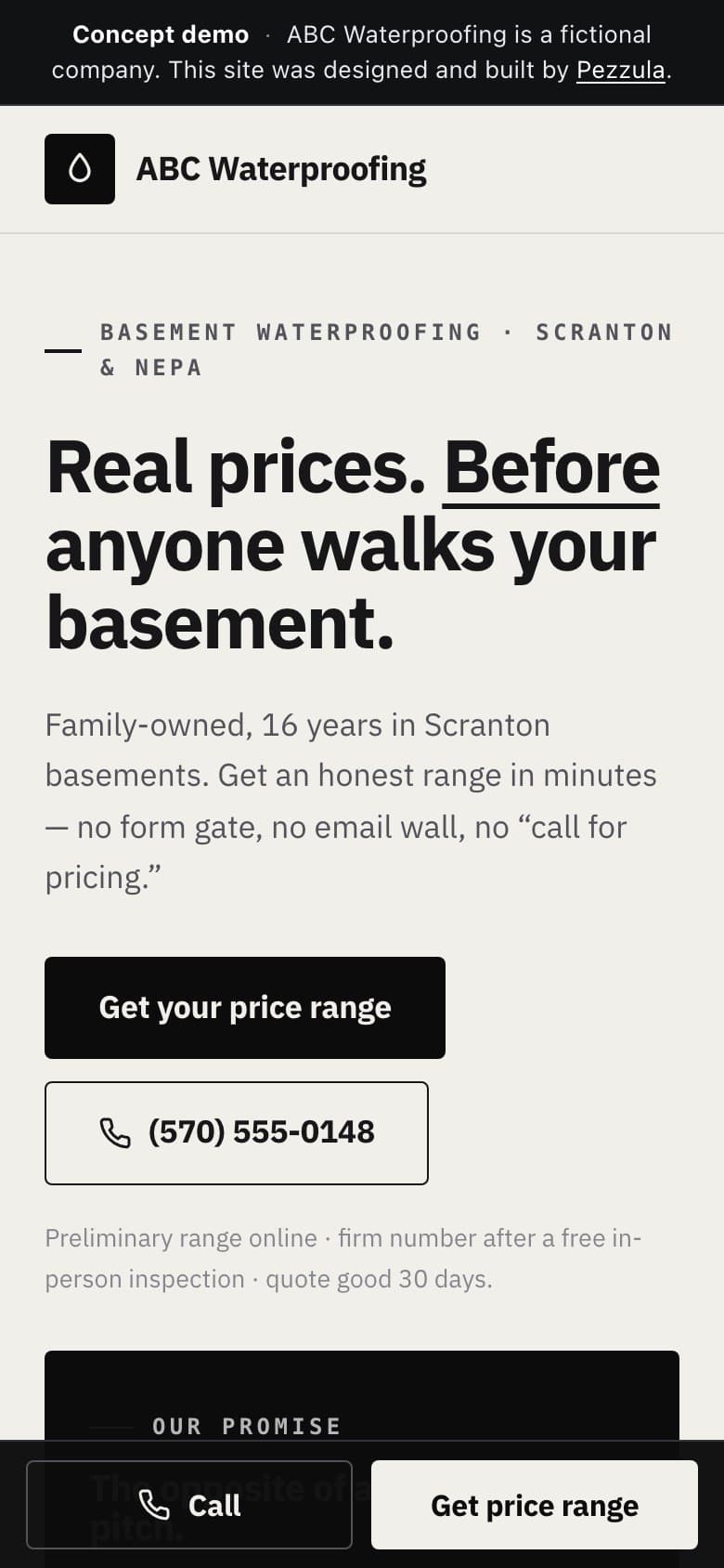 ABC Waterproofing — a waterproofing contractor website design concept by Pezzula — mobile view